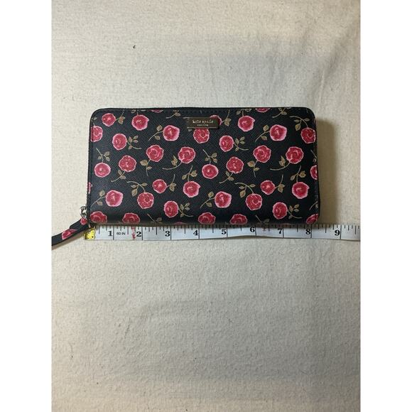 Kate Spade Zip Around Wallet Black With Rose Print - Picture 1 of 3